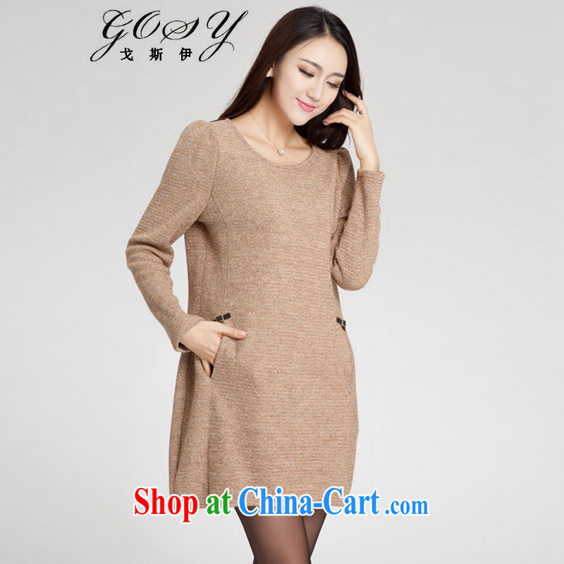 Goss _GOSY_ Autumn 2014 the new, larger ladies dress leather buckle decor knitted long sleeved dresses yellow XXXXL