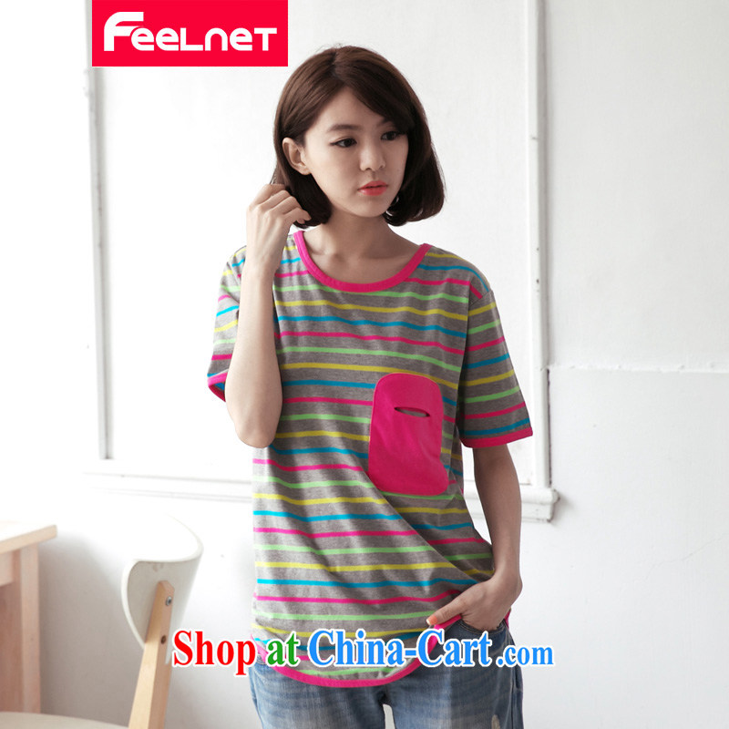 feelnet Korean version 2015 XL women mm thick new long-neck striped short-sleeved video thin T pension 2118 streaks the code 6 XL