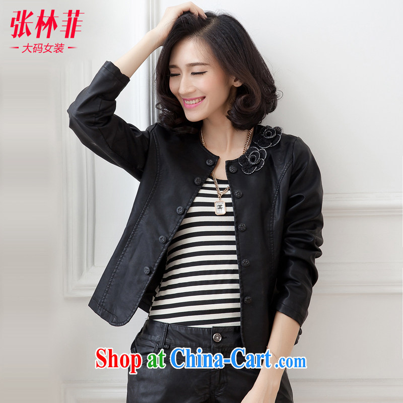 Zhang Lin , the fat XL women mm thick load fall 2015 new Korean video thin jacket thick sister cardigan black leather jacket jacket black 4XL recommendations 180 - 200 jack, Zhang Lin (ZHANGLINFEI), shopping on the Internet