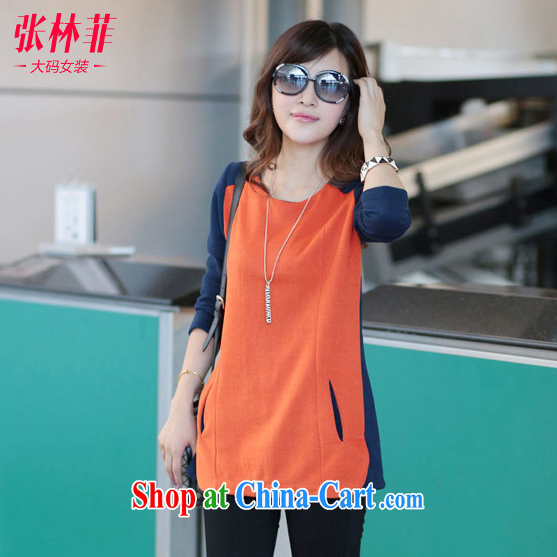Zhang Lin , thick mm spring loaded new 2015 maximum code female long-sleeved knit-color stitching thick sister solid blue T-shirt Red Orange 3 XL recommendations 150 - 165 jack