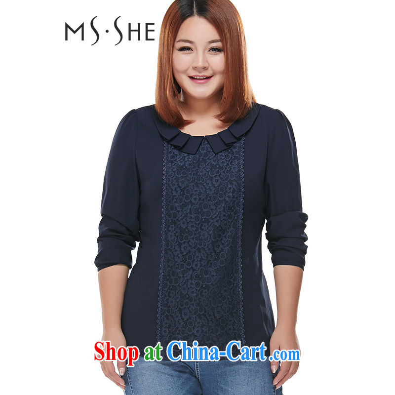 MsShe larger women autumn 2014 the doll for bubbles snow cuff woven shirts 7751 blue 2 XL