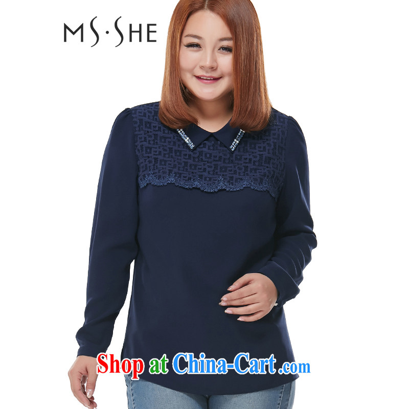 MSSHE XL ladies' 2014 new Autumn with sweet lady with shirt lapel long-sleeved T-shirt 7776 blue 4 XL