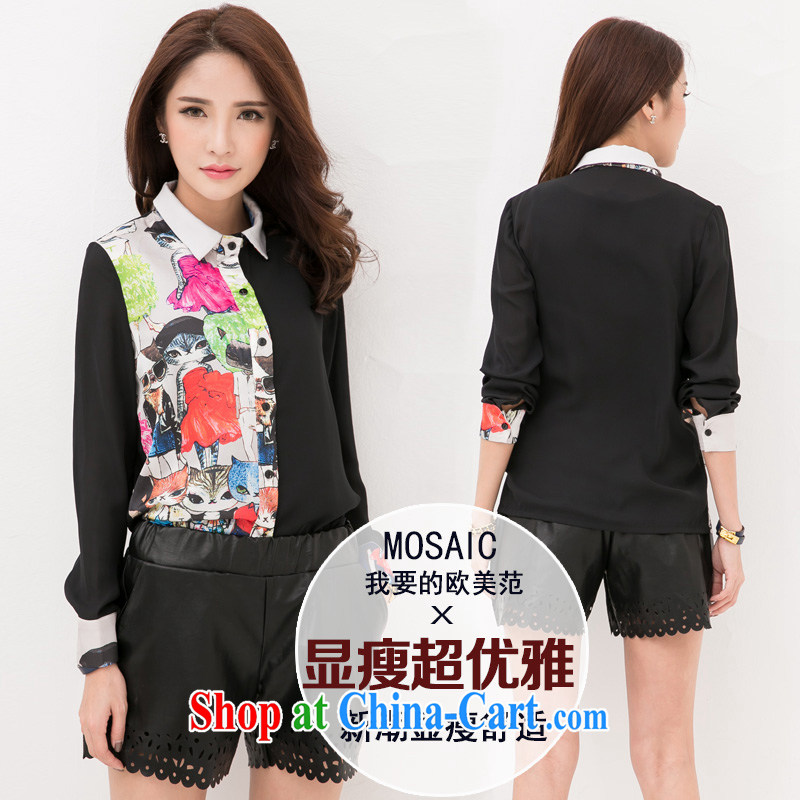 The honey and diverse expertise fall mm replace the code female Korean lapel kitten stamp snow woven long-sleeved video thin shirt shirt women 9075 black XXXXL, honey, and, shopping on the Internet
