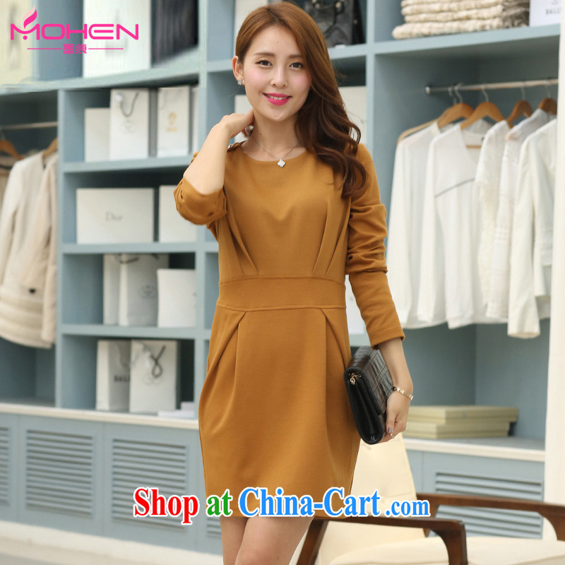 The ink marks spring 2015 new Korean trendy, female long-sleeved dresses beauty graphics thin pressure hem round-neck collar long-sleeved sleek OL dresses yellow and brown 5 XL _180 - 200 _ jack
