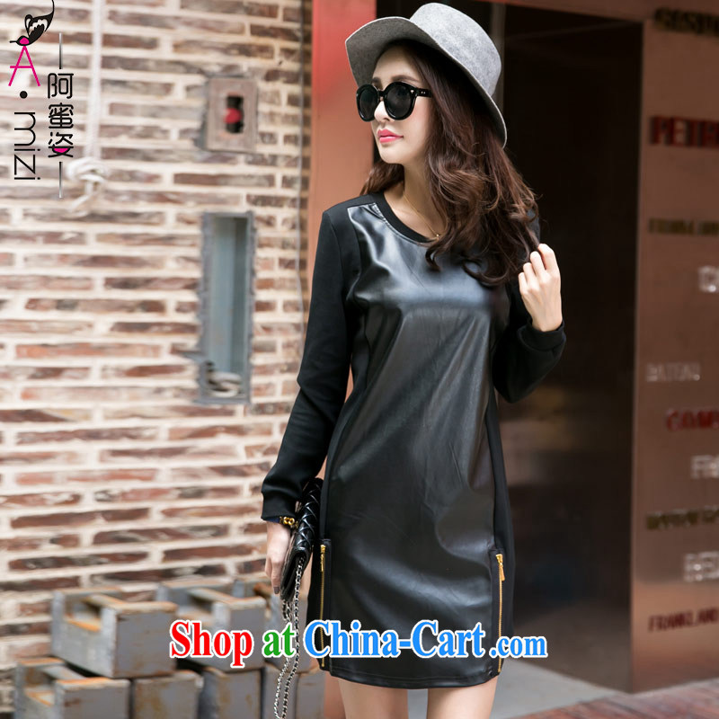 The honey variety, the female new autumn and the Korean spelling leather round-collar long-sleeved black thick graphics thin dresses women 9047 black XXXXL, honey, and, shopping on the Internet