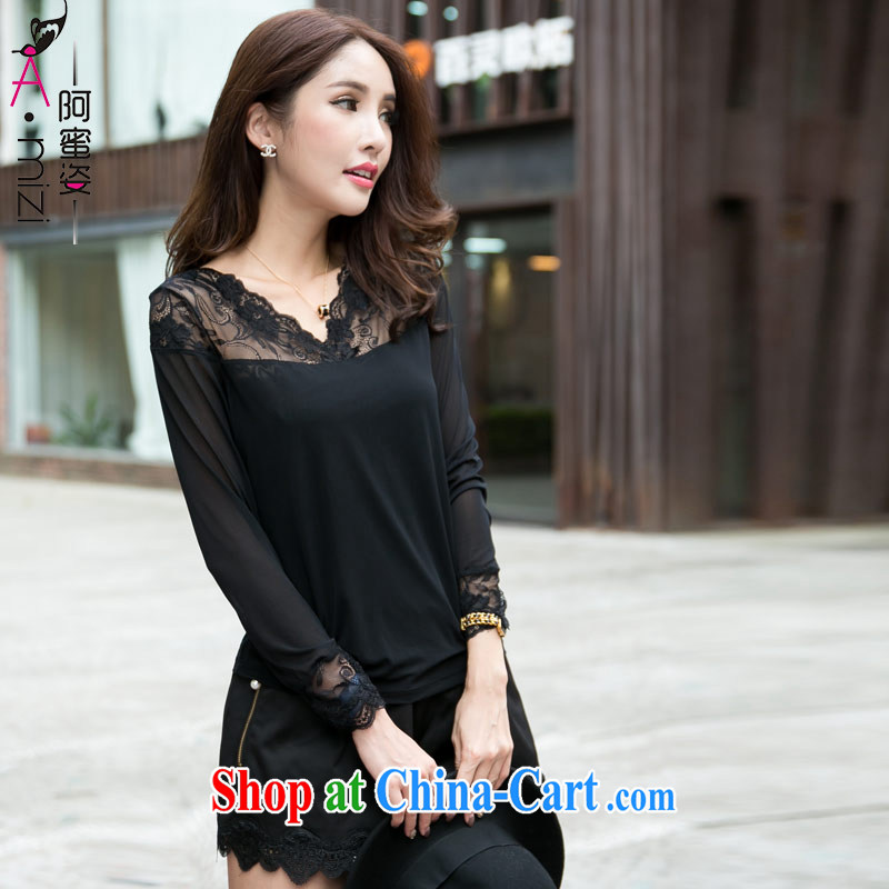 The honey beauty mm thick larger female Autumn with new commuter black lace-silk yarn long-sleeved V collar solid shirt T shirts women 9045 black XL, honey, and, on-line shopping