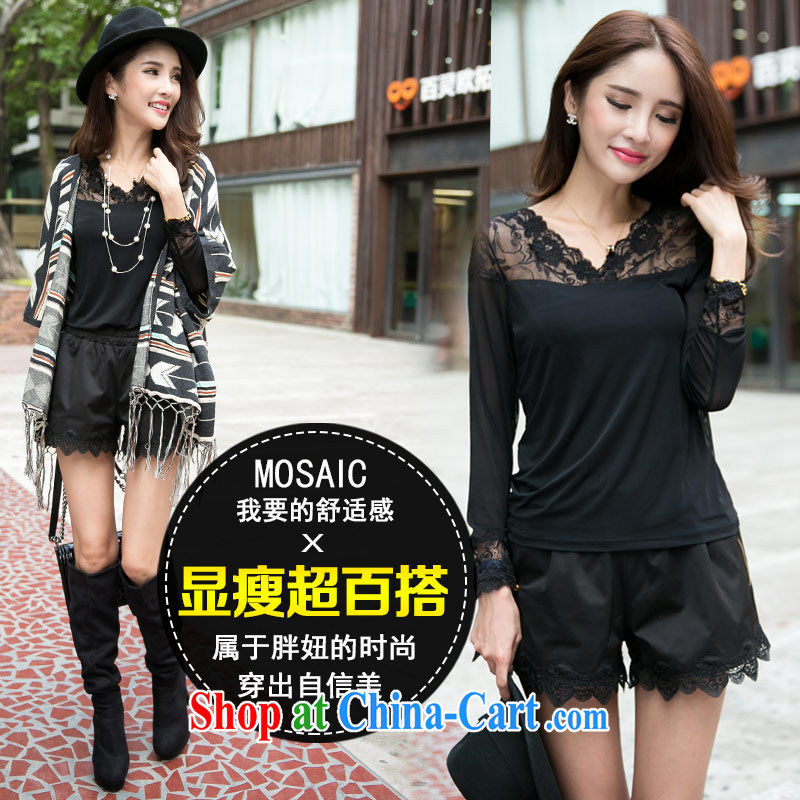 The honey beauty mm thick larger female Autumn with new commuter black lace-silk yarn long-sleeved V collar solid shirt T shirts women 9045 black XL, honey, and, on-line shopping