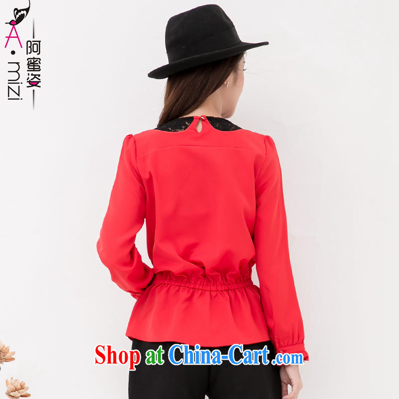 The honey and diverse expertise MM autumn and replace the code female Korean style lace stitching for a waist long-sleeved snow woven shirts shirt women 8750 red XXXXL, the honey, and the Code women, shopping on the Internet