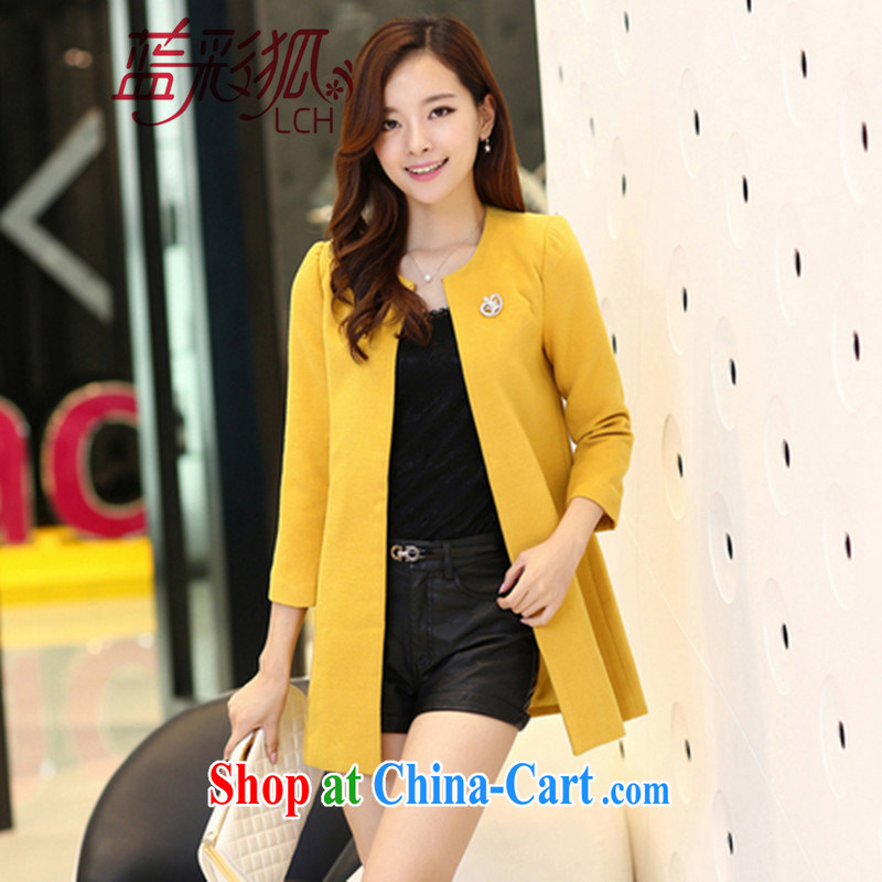 Blue Fox Spring and Autumn and the New Korean version of the greater code ladies beauty aura video thin round-collar 9 in cuff long pure colors? jacket windbreaker female yellow XXL