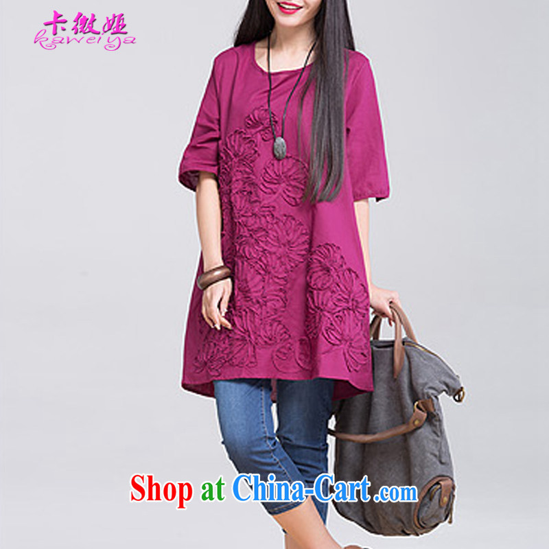 The micro-SIA new larger female summer thick sister graphics thin, the fat and the cotton embroidered short sleeve loose the collar long thick mm dresses girls T-shirt wine red XXL code/145 - 160 jack, the micro-SIA, shopping on the Internet