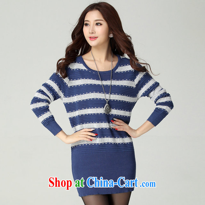 The Taliban, thick mm XL women 2015 spring loaded new Korean round-collar beauty solid long-sleeved sweater knitting clothing striped sweater knit-female blue and white, the codes are codes of chest 100-118, tower, and shopping on the Internet