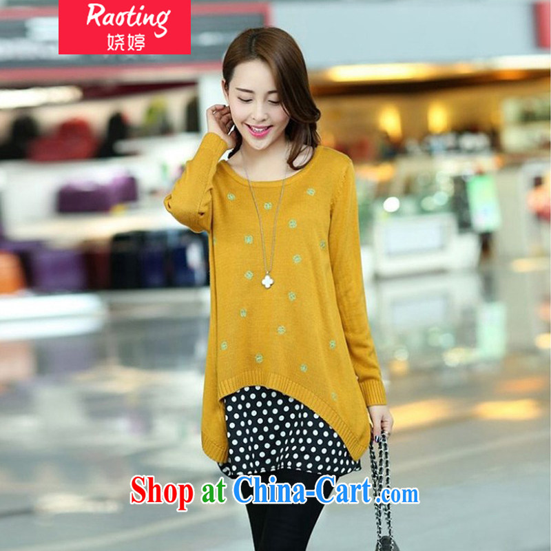 Ting, Autumn 2014 the new Korean version the code ladies bowtie embroidered long-sleeved and cultivating solid sweater two-piece 6093 yellow XXL