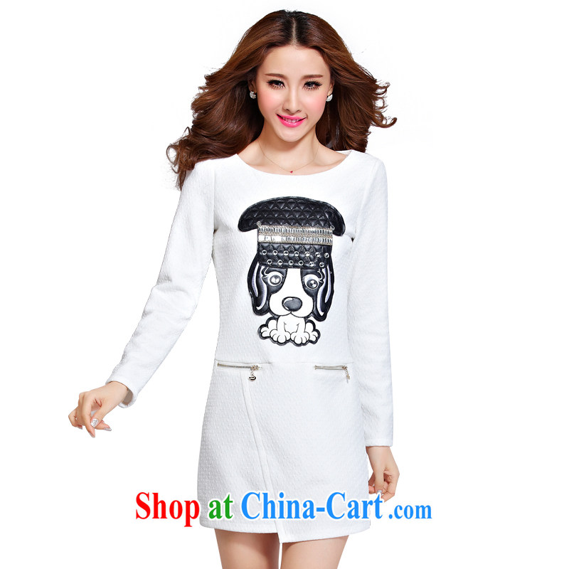 cheer for the code women with thick MM winter new cartoon stamp thick sister graphics thin large long-sleeved dress of the 2296 white 5 XL