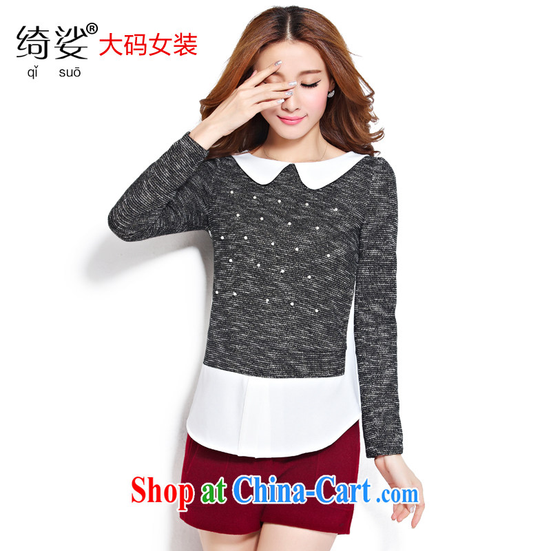 cheer for the code women with thick MM fall and winter new sweet false 2 thick sister graphics thin long-sleeved woolen shirt T pension the number 2275 black 5 XL, cheer for (qisuo), online shopping