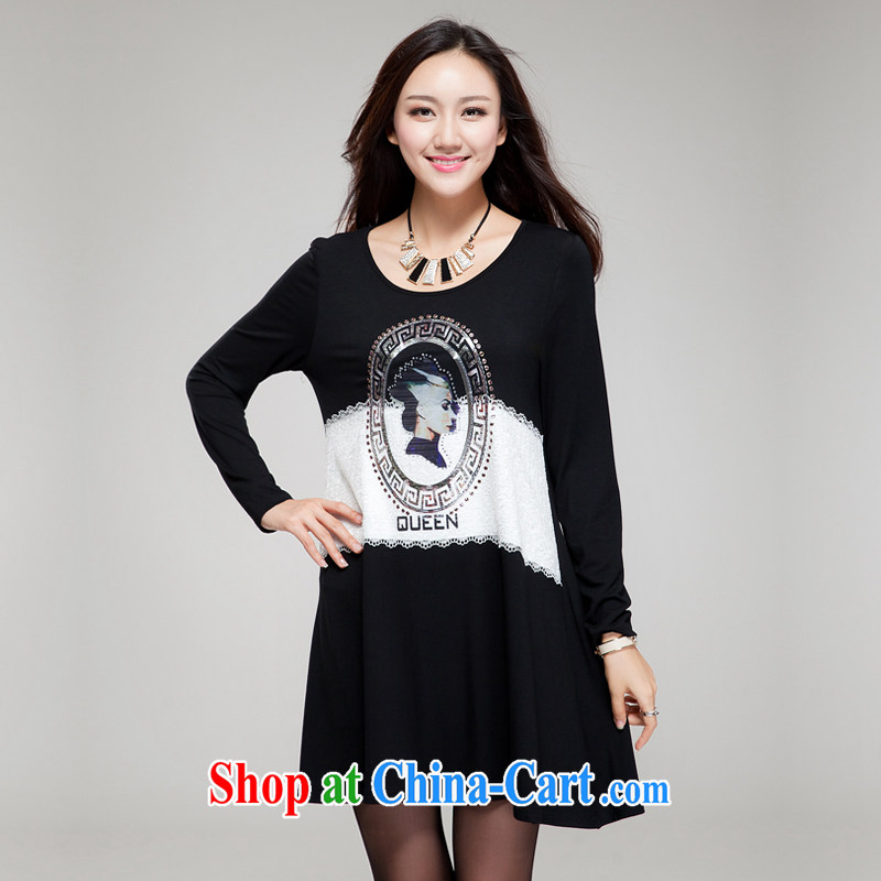 Huan Zhu Ge Ge Ge 2015 new Korean version XL girls thick MM graphics thin knocked color stitching round-neck collar retro stamp hot drill very casual dress SM 25 black 4 XL (190 jack - 210 jack wear, giggling auspicious, shopping on the Internet