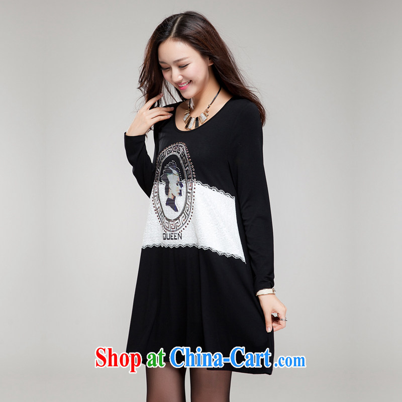Huan Zhu Ge Ge Ge 2015 new Korean version XL girls thick MM graphics thin knocked color stitching round-neck collar retro stamp hot drill very casual dress SM 25 black 4 XL (190 jack - 210 jack wear, giggling auspicious, shopping on the Internet