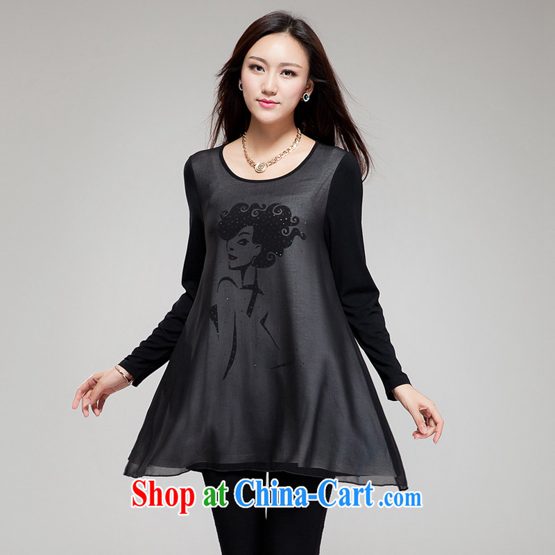 Huan Zhu Ge Ge Ge 2015 new Korean version XL girls with thick, graphics thin round-collar stamp hot drill very casual dress SM 19 black 4 XL (191 jack - 210 jack wear), Princess auspicious, shopping on the Internet