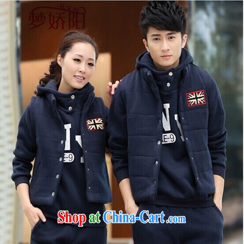 Autumn and Winter, new Korean leisure couples, men and women clothing with thick and lint-free cloth 3 piece uniform set blue XXXL