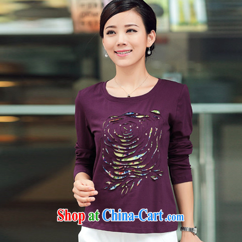 Sunrise House autumn 2014 long-sleeved 100 ground embroidered T pension round-collar cotton shirt solid code the mother is comfortable girls long-sleeved purple 3XL