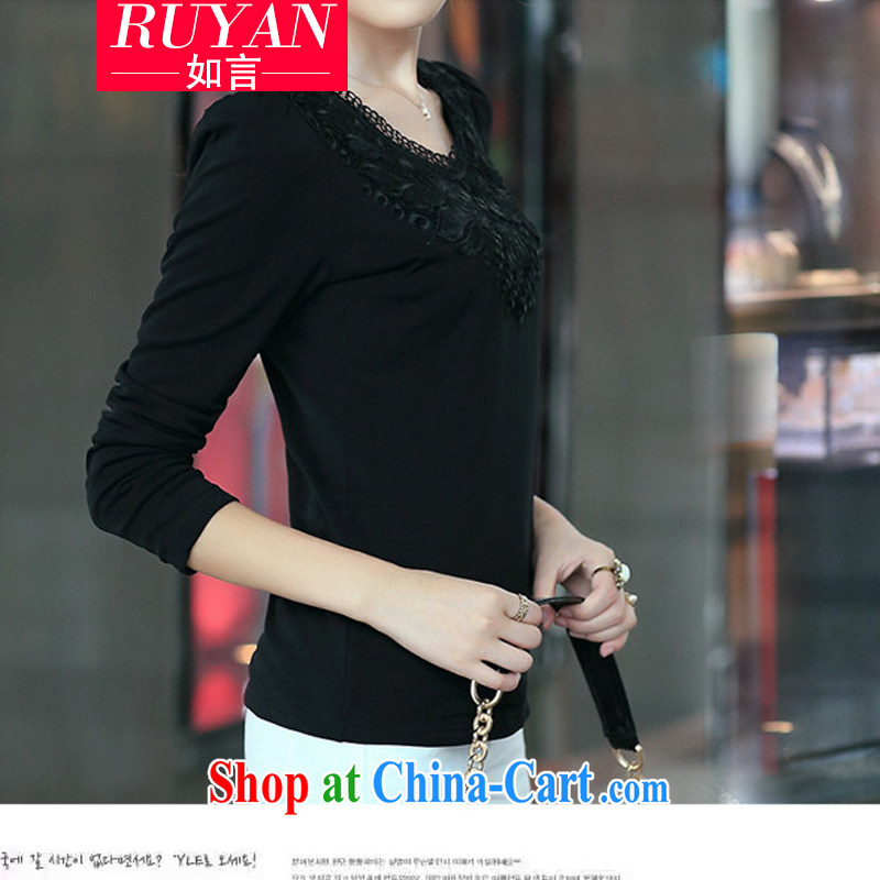 The fat increase, women mm thick winter load new Korean lace stitching the lint-free cloth shirt solid fat sister long-sleeved shirt T graphics thin girls T-shirt black XXXL, such as statements (RUYAN), online shopping