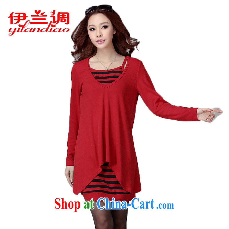 The estimated increase the Code women 2015 spring new Korean lady streaks thick mm thick sister long-sleeved video thin cotton loose solid two-piece dresses red XXXXL
