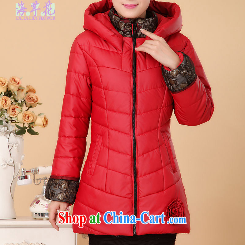 The line in a long, large cap, quilted coat thick warm large code jacket loose the Code women 4105 - 6 red 5 XL