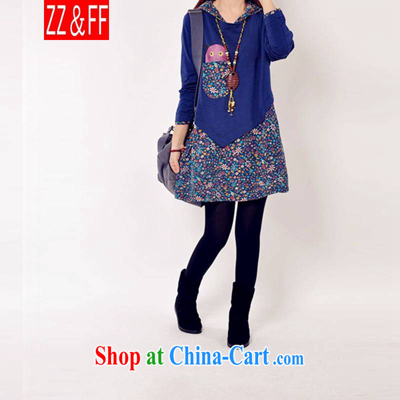 ZZ &FF summer 2015 with new, lint-free cloth with thick large code female Korean floral stitching ladies dress casual the code long-sleeved solid blue skirt XXXL, ZZ &FF, shopping on the Internet