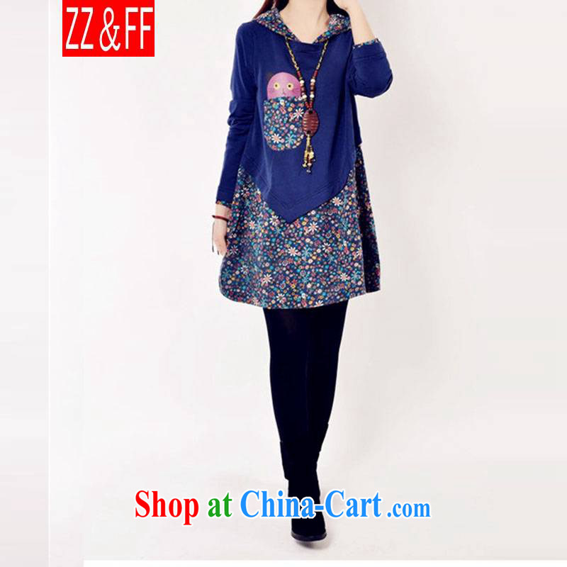 ZZ &FF summer 2015 with new, lint-free cloth with thick large code female Korean floral stitching ladies dress casual the code long-sleeved solid blue skirt XXXL, ZZ &FF, shopping on the Internet