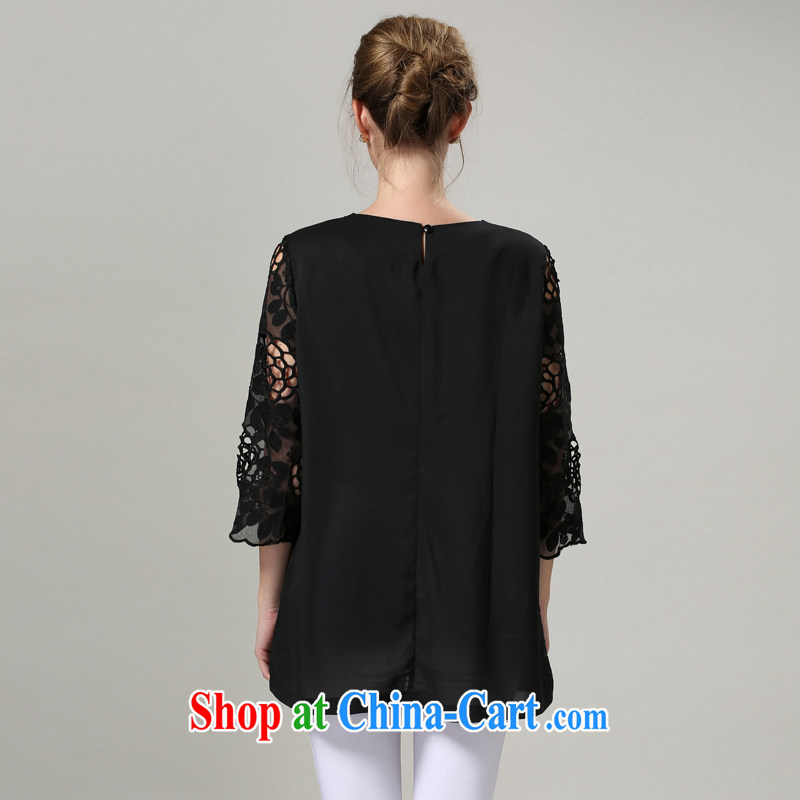 Connie's dream European and American high-end 2014 new autumn and the XL women mm thick lace T shirts girls embroidered Openwork 7 cuffs loose T-shirt s 1202 black XXXXXL, Anne's dream, shopping on the Internet