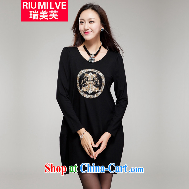 Ryan and the United States concluded the Code women's clothing dresses thick MM cultivating graphics thin 2015 new Korean version features totem retro staple Pearl loose dresses YF 009 black L _spot_