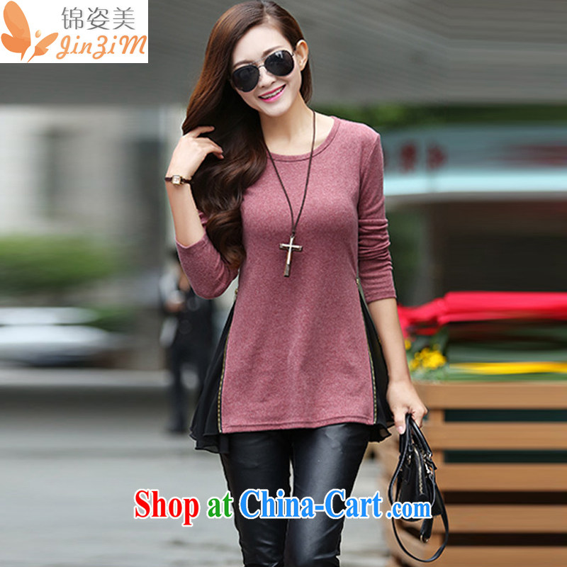 kam beauty new Korean loose long-sleeved shirt T female larger solid shirt J 9189 ?? red XXXL