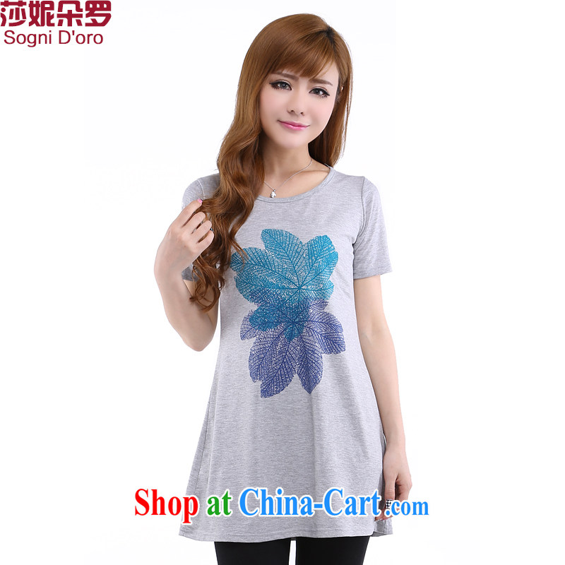 Laurie flower, 2014 new FAT sister and indeed XL women mm thick summer round-neck collar stamp T shirt T-shirt 6215 light gray 2 XL