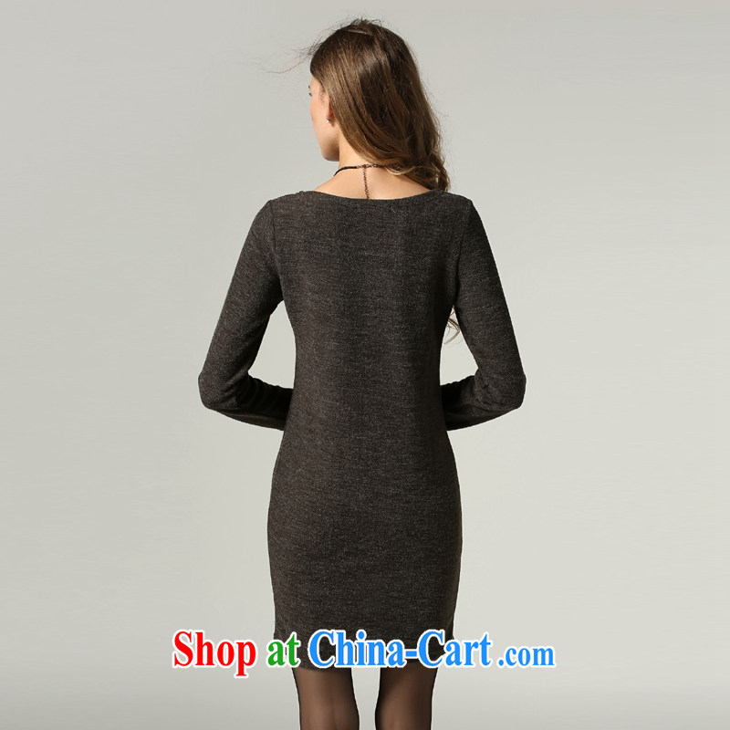 Connie's dream 2014 new fall in Europe and America with high-end large, female minimalist beauty dresses round-collar long-sleeved knitted solid color and stylish appearance stretch solid further skirt brown XXXXXL, Connie dreams, the code dress, and on-line shopping