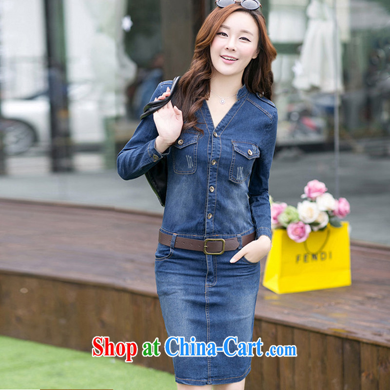 42 multi-yi 2015 female long-sleeved BEAUTY package and graphics thin V-neck style denim dress 1048 deep blue the lap S code, 42 multi-yi, shopping on the Internet