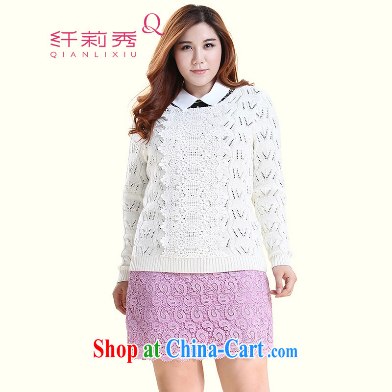 Slim LI Sau 2014 autumn new larger female stylish lace lace long-sleeved ribbed knitted sweaters Q 5833 m White 2XL