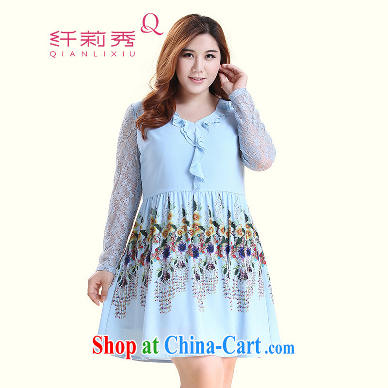 Slim Li Su-new, larger female flouncing lace stamp 100 hem A swing dresses Q 5881 powder blue 4 XL