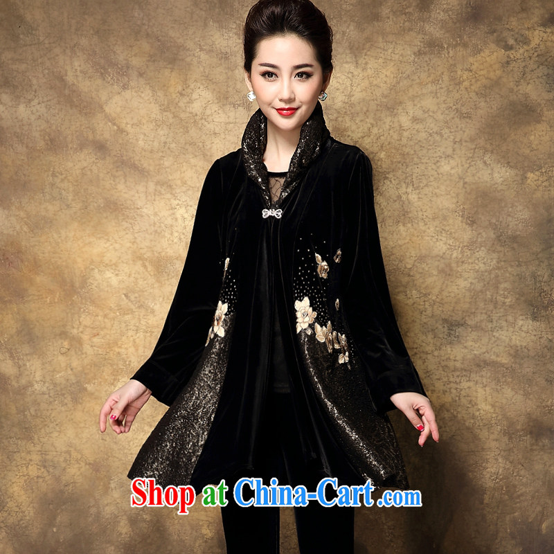 ? _ 2015 autumn and winter gold velour jacket older larger female embroidery mother in long jacket, Windbreaker 5922 black XL