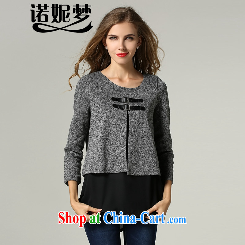 The Connie dream autumn 2014 the new European and American high-end the fat XL women leave of two parts loose T shirts solid color tile with solid long-sleeved T-shirt s 9962 gray XXXXXL