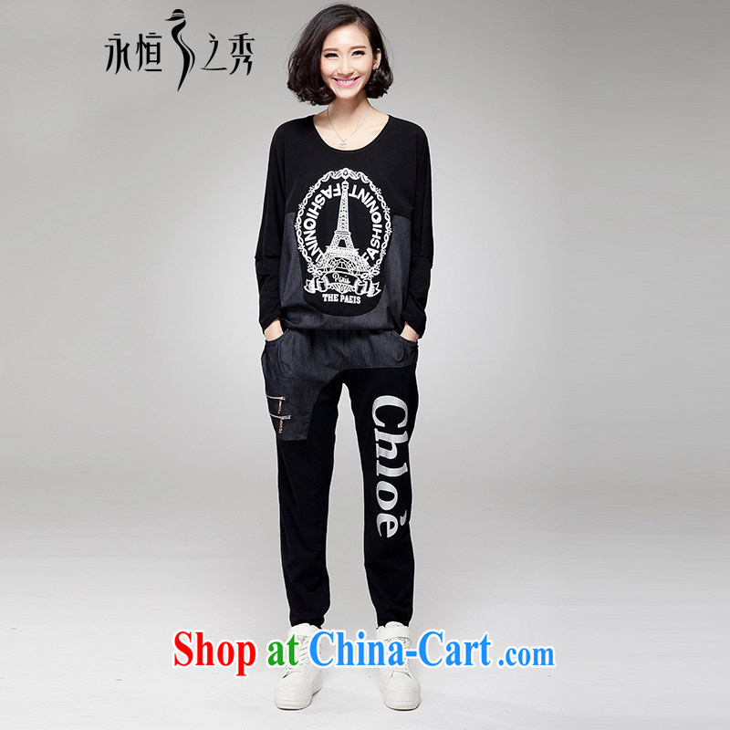 Eternal show the code women video thin package thick sister 2015 spring new thick mm thick, graphics thin, stylish european leisure T-shirt pants two piece black 4XL _160 jack - 180 Jack through_