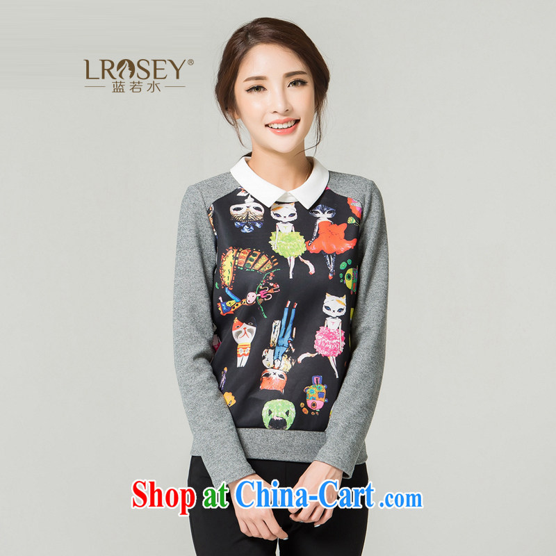 Blue Water XL female thick MM 2014 winter clothes new, less aging small T-shirt sweet lapel stamp long-sleeved T-shirt gray XXXXL