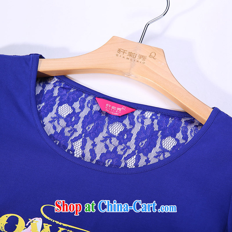 Slim Li-su 2014 autumn new, larger female bubble cuff trend personalized stamp lace stitching knitted shirts Q 5373 blue 2 XL, slim Li-su, and shopping on the Internet