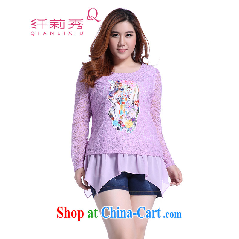 Slim LI Sau 2014 autumn new larger female rose-bubble cuff stitching does not rule lace shirt Q 5700 purple 4 XL