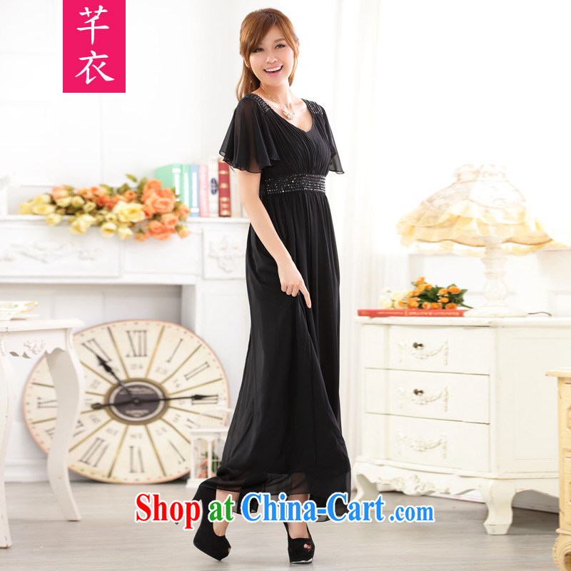 Constitution Yi XL women 2015 new FAT, thick mm Europe short-sleeved to manually staple V Pearl collar snow woven and ventricular hypertrophy, evening dress, President dress black 3 XL 160 - 180 jack