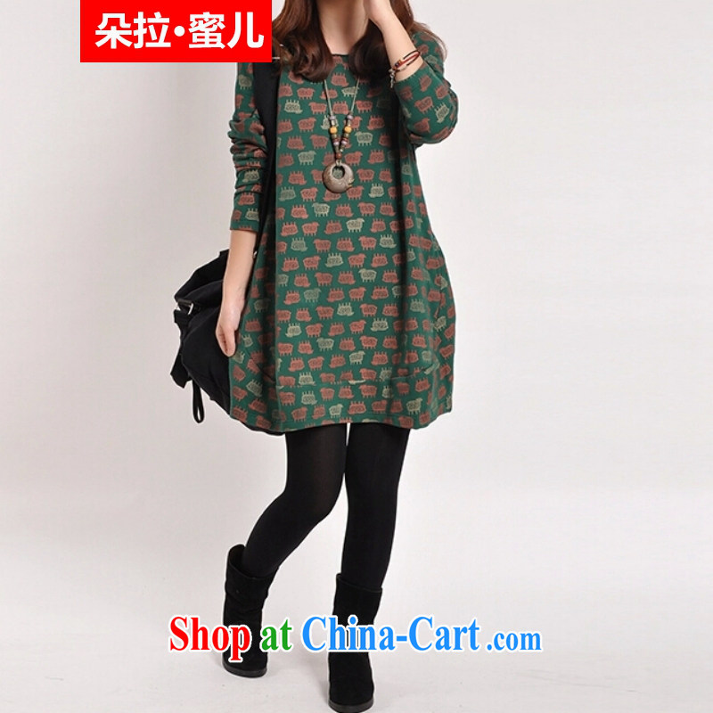 Dora, honey Child Care 2015 spring Korean version the code female loose retro stamp the lint-free cloth in thick long dress 10603495 dark green XXL