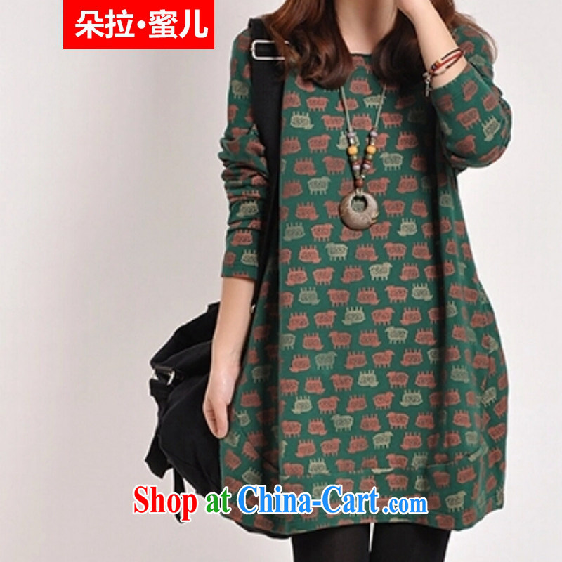 Dora, honey Child Care 2015 spring Korean version of the greater code female loose retro stamp the lint-free cloth in thick long dress 10603495 dark green XXL, Dora, honey child, shopping on the Internet