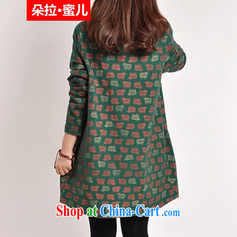 Dora, honey Child Care 2015 spring Korean version of the greater code female loose retro stamp the lint-free cloth in thick long dress 10603495 dark green XXL, Dora, honey child, shopping on the Internet