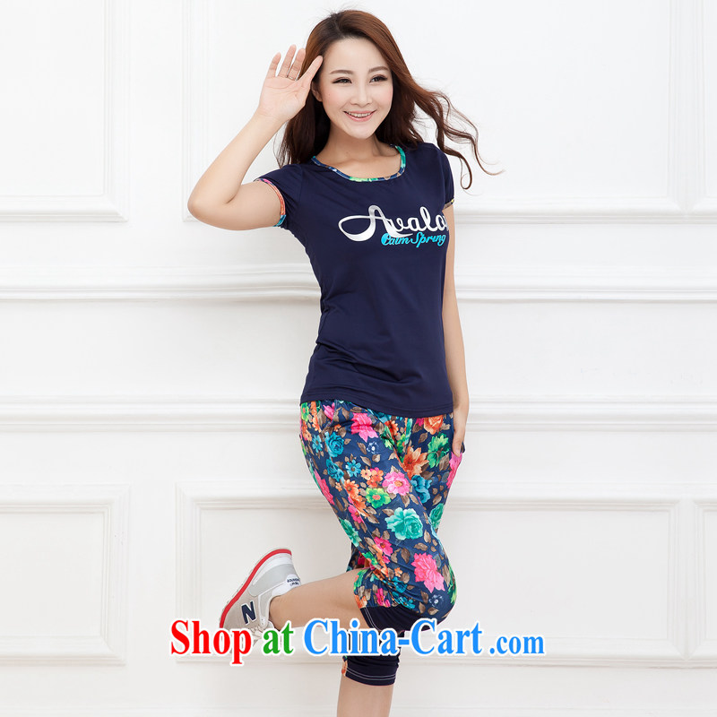 Increase the emphasis on MM summer 2015 New, and indeed increase, female fat sister sport and leisure package short-sleeved floral graphics thin dark blue 4 XL