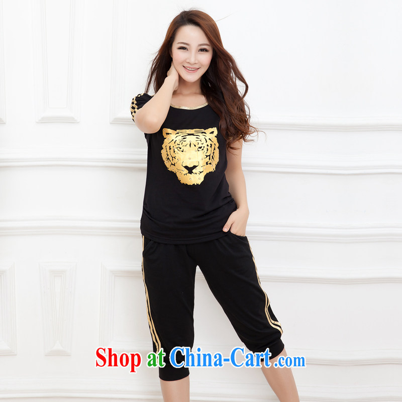 Increase the emphasis on MM summer 2015 new, larger female thick sister sport and leisure package short-sleeved 7 pants tiger head of black gold 5 XL, increase the US, shopping on the Internet