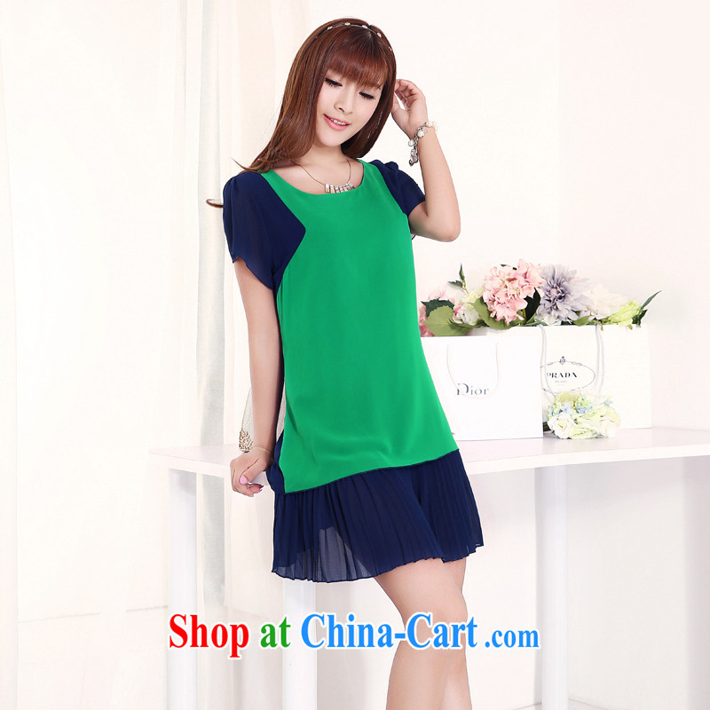 Increase the emphasis on MM summer 2015 new XL girls thick sister 100 hem snow woven double-yi skirt hit-color stitching green 3 XL, increase the US, shopping on the Internet