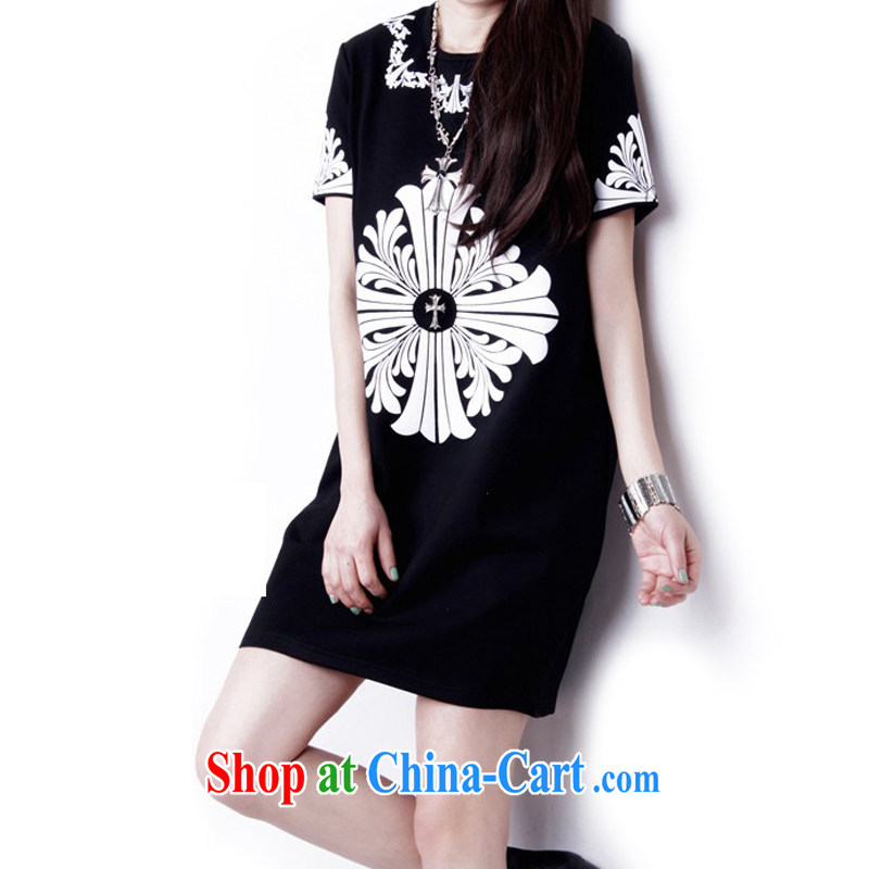 Increase the emphasis on MM summer 2015 and indeed increase, female fat sister new graphics thin dress short-sleeved 10 field stamp black and silver 4 XL